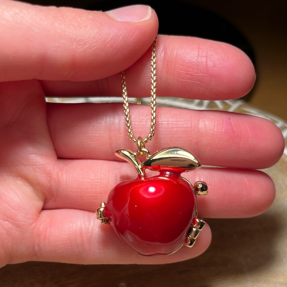 Betsey Johnson Gold Tone Back To School Red Apple Worm Locket Pendant Necklace - Picture 14 of 16